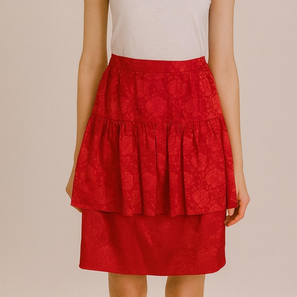 UNIQUE 100% SILK FLORAL PRINT PENCIL/ FLARED SKIRT VIBRANT RED SIZE 10